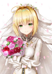 Rule 34 | 10s, 1girl, ahoge, blonde hair, blush, bodysuit, bouquet, breasts, bridal veil, buckle, chain, closed mouth, commentary request, fate/extra, fate/extra ccc, fate (series), flower, green eyes, hair flower, hair intakes, hair ornament, half-closed eyes, head tilt, highres, holding, holding bouquet, lock, long sleeves, looking at viewer, medium breasts, monaka curl, nero claudius (bride) (fate), nero claudius (fate), nero claudius (fate) (all), hugging object, padlock, petals, pink flower, pink rose, red flower, rose, short hair, simple background, smile, solo, upper body, veil, white background, white bodysuit, white flower, zipper, zipper pull tab