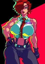 Rule 34 | abs, breasts, cottonwings, hair over one eye, hand on own hip, looking at viewer, mature female, muscular, muscular female, red eyes, red hair, signature, solo, the king of fighters, vanessa (kof)