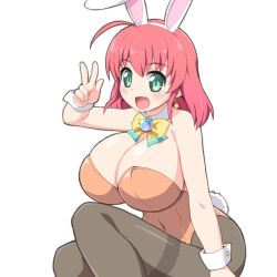 Rule 34 | 1girl, :d, ahoge, alice wishheart, amulet, animal ears, arm at side, arm up, bare arms, bare shoulders, bowtie, breasts, cleavage, collar, covered navel, detached collar, earrings, fake animal ears, fake tail, fang, feet out of frame, green eyes, hair between eyes, huge breasts, jewelry, knees up, leotard, light blush, looking at viewer, magical halloween, medium hair, open mouth, orange leotard, pantyhose, playboy bunny, rabbit ears, rabbit tail, red hair, shirogane hakuba, simple background, sitting, skin fang, smile, solo, star (symbol), star earrings, tail, tongue, v, white background, white collar, white wrist cuffs, wrist cuffs, yellow bow, yellow bowtie