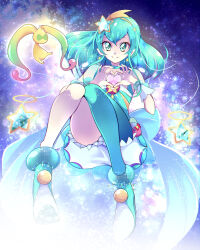 Rule 34 | absurdres, alien, ankle boots, aqua choker, aqua dress, aqua eyes, aqua footwear, aqua hair, aqua pantyhose, blue bracelet, boots, commentary, cure milky, dress, earrings, floating, hagoromo lala, hair ornament, hairband, heart, heart hands, high heel boots, high heels, highres, jewelry, magical girl, medium hair, mitsuki tayura, pantyhose, pointy ears, pouch, precure, puffy short sleeves, puffy sleeves, see-through, see-through sleeves, short dress, short sleeves, single leg pantyhose, space, sparkle, star-shaped pupils, star (symbol), star earrings, star hair ornament, star twinkle precure, symbol-shaped pupils, uma (precure), yellow hairband