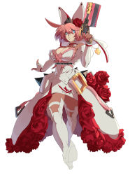 Rule 34 | 1girl, ahoge, alternate costume, animal ears, blizzardingpike, blue eyes, boots, breasts, bridal veil, charm (object), cleavage, dress, elphelt valentine, fake screenshot, fingerless gloves, flower, full body, gloves, guilty gear, guilty gear strive, gun, handgun, high heel boots, high heels, highres, large breasts, looking at viewer, parody, parted lips, pink hair, red flower, red rose, revolver, rose, short hair, spikes, style parody, thigh boots, thighhighs, twitter username, veil, weapon, wedding dress, white dress, zettai ryouiki