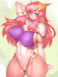 Rule 34 | 1girl, arm up, breasts, covered navel, covered erect nipples, fumio (rsqkr), gundam, gundam seed, hair ornament, highres, large breasts, leotard, light smile, lips, long hair, looking at viewer, meer campbell, pink hair, smile, solo, star (symbol), star hair ornament, thick thighs, thighs, yellow background