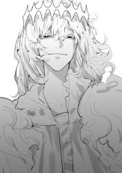Rule 34 | 1boy, closed mouth, commentary, fate/grand order, fate (series), floating hair, greyscale, half-closed eyes, highres, indai (3330425), jacket, light smile, long bangs, looking at viewer, male focus, medium hair, monochrome, oberon (fate), solo, upper body
