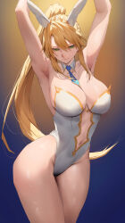 Rule 34 | 1girl, absurdres, animal ears, armpits, arms up, artoria pendragon (all), artoria pendragon (fate), artoria pendragon (swimsuit ruler) (fate), bare legs, blonde hair, blue necktie, blush, breasts, cleavage, detached collar, fake animal ears, fate/grand order, fate (series), gradient background, green eyes, groin, highres, large breasts, leotard, looking at viewer, navel, necktie, playboy bunny, plunging neckline, ponytail, rabbit ears, rororo, sidelocks, simple background, smile, solo, white leotard