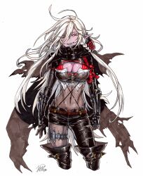 Rule 34 | 1girl, ahoge, armor, artist request, assassin, belt, black footwear, black gloves, bodystocking, bodysuit, boots, braid, breasts, cleavage, cloak, dungeon and fighter, evil smile, floral print, flower, gloves, hood, hooded cloak, knife, large breasts, leather, leather armor, leather boots, leather gloves, leather suit, long hair, looking at viewer, messy hair, pointy ears, red eyes, red flower, red rose, rose, rose print, shadow dancer (dungeon and fighter), shiny clothes, side braid, smile, solo, thief (dungeon and fighter), thigh boots, throwing knife, torn clothes, twin braids, weapon, white hair