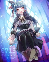 Rule 34 | 1girl, :d, black capelet, black corset, black skirt, black thighhighs, blouse, blush, boots, bow, brooch, brown footwear, capelet, commentary request, corset, dated, dutch angle, earrings, fang, feather hair ornament, feathers, footwear bow, full body, genjitsu no yohane, grey skirt, hair bun, hair ornament, hair ribbon, happy birthday, heart, heart earrings, highres, jewelry, kanduki kamibukuro, looking at viewer, love live!, love live! sunshine!!, miniskirt, open mouth, outstretched arm, overskirt, pink bow, pleated skirt, ribbon, shirt, short sleeves, single side bun, skin fang, skirt, smile, solo, thighhighs, tsushima yoshiko, v-shaped eyebrows, white shirt, yohane (genjitsu no yohane)