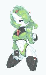 Rule 34 | 1girl, absurdres, alternate eye color, alternate hairstyle, black gloves, black thighhighs, blush, breasts, clenched hand, colored skin, cowboy shot, creatures (company), crop top, cropped legs, female focus, fingerless gloves, full body, game freak, gardevoir, gen 3 pokemon, gloves, green hair, green panties, green shirt, grey background, hair ornament, hair over one eye, hair tie, hairclip, half-closed eyes, hand on own thigh, hand up, happy, highres, legs apart, long hair, long sleeves, looking to the side, medium breasts, navel, nintendo, one eye covered, panties, parted lips, personification, poke ball symbol, poke ball theme, pokemon, pokemon (creature), ponytail, purple eyes, shirt, simple background, skin tight, smile, solo, standing, stomach, teeth, thighhighs, toned, tyson tan, underwear, white skin