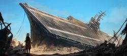 Rule 34 | aircraft carrier, animal ears, blue sky, blurry, commentary request, day, from behind, highres, long sleeves, military, military vehicle, original, outdoors, ruins, scenery, ship, shipwreck, sky, solo, standing, swav, warship, watercraft, white hair, wide shot
