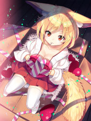 Rule 34 | 1girl, :3, animal ears, blonde hair, box, breasts, cardboard box, cleavage, collarbone, confetti, fox ears, fox tail, from above, full body, gift, hakama, hakama short skirt, hakama skirt, heart, heart-shaped box, holding, holding gift, in box, in container, japanese clothes, large breasts, long sleeves, looking at viewer, miko, mouth hold, no shoes, orange eyes, original, pleated skirt, puffy sleeves, red eyes, red skirt, ribbon, shade, short hair, sitting, skirt, solo, striped ribbon, tail, thighhighs, valentine, white thighhighs, wooden floor, yuuji (yukimimi)