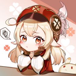 Rule 34 | 1girl, absurdres, ahoge, arm support, blonde hair, blush, brown eyes, brown gloves, cabbie hat, coat, gan jiang, genshin impact, gloves, hat, hat feather, highres, klee (genshin impact), looking at viewer, pointy ears, pout, red coat, red hat, solo, stuffed animal, stuffed toy, twintails