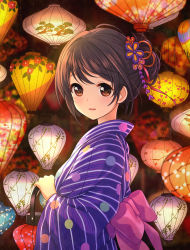 Rule 34 | 1girl, absurdres, bad id, bad pixiv id, bikini, blush, bow, brown eyes, brown hair, catbell, commentary request, hair bun, hair ornament, highres, holding, japanese clothes, kimono, lantern, long sleeves, looking at viewer, looking to the side, original, paper lantern, parted lips, pink bow, purple kimono, single hair bun, smile, solo, striped bikini, striped clothes, striped kimono, swimsuit, upper body, vertical-striped bikini, vertical-striped clothes, vertical-striped kimono, wide sleeves