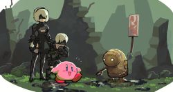 Rule 34 | 1boy, 1girl, black blindfold, black dress, black hairband, black thighhighs, blindfold, boots, breasts, clothing cutout, crossover, dreaminerryday, dress, gloves, hairband, kirby, kirby (series), kirby and the forgotten land, long sleeves, mole, mole under mouth, nier (series), nier:automata, nintendo, puffy sleeves, short hair, shorts, thigh boots, thighhighs, white hair, 2b (nier:automata), 9s (nier:automata)