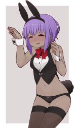 Rule 34 | 1girl, ^ ^, alternate costume, animal ears, arm up, bare shoulders, black hairband, black panties, black vest, blush, bow, bow panties, breasts, brown thighhighs, bunny girl, closed eyes, dark-skinned female, dark skin, dress shirt, closed eyes, fake animal ears, fate/prototype, fate/prototype: fragments of blue and silver, fate (series), flying sweatdrops, grey background, hairband, hand up, hassan of serenity (fate), highres, i.u.y, navel, nose blush, panties, parted lips, purple hair, rabbit ears, rabbit tail, red bow, shirt, sidelocks, sleeveless, sleeveless shirt, small breasts, smile, solo, tail, thighhighs, two-tone background, underwear, vest, white background, white shirt, wrist cuffs