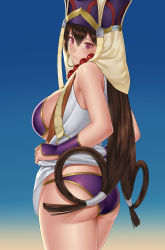 Rule 34 | 1girl, absurdres, ass, bare shoulders, bead necklace, beads, bikini, breasts, bridal gauntlets, brown hair, detached sleeves, fate/grand order, fate (series), gonoike biwa, hair between eyes, hat, highres, japanese clothes, jewelry, kimono, large breasts, long hair, looking at viewer, necklace, prayer beads, purple bikini, purple eyes, short kimono, sideboob, sleeveless, sleeveless kimono, solo, swimsuit, thighs, white kimono, xuangzang sanzang (fate)