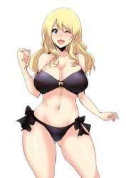 Rule 34 | 10s, 1girl, ;d, alternate hairstyle, bikini, black bikini, blonde hair, blue eyes, breasts, cleavage, commentary request, cowboy shot, darjeeling (girls und panzer), girls und panzer, hair down, hifumi hajime, highres, large breasts, long hair, looking at viewer, navel, o-ring, o-ring top, one eye closed, open mouth, side-tie bikini bottom, simple background, smile, solo, standing, strapless, strapless bikini, swimsuit, thighs, white background