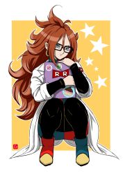 Rule 34 | 1girl, android 21, ankle boots, asymmetrical footwear, black-framed eyewear, black pantyhose, blue eyes, boots, brown hair, checkered clothes, checkered dress, chris re5, coat, cupcake, dragon ball, dragon ball fighterz, dress, earrings, eyelashes, female focus, food, full body, glasses, highres, holding, hoop earrings, jewelry, lab coat, long hair, long sleeves, looking at viewer, messy hair, mismatched footwear, multicolored boots, multicolored clothes, multicolored dress, outline, pantyhose, ring, smile, solo, squatting, star (symbol)