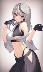 Rule 34 | 1girl, black gloves, black hair, black skirt, closed mouth, crop top, ear piercing, fang, finger to mouth, gloves, grey hair, hip vent, hololive, light smile, long hair, looking at viewer, multicolored hair, navel, off shoulder, piercing, pleated skirt, red eyes, sakamata chloe, sidelocks, skirt, solo, stomach, streaked hair, thomas 8000, virtual youtuber