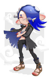 Rule 34 | 1girl, absurdres, artist name, asymmetrical bangs, black coat, black pants, blue hair, buttons, chest sarashi, coat, collarbone, collared coat, commentary request, crossed arms, ear piercing, earrings, fangs, fish bone, full body, gonzarez, grey background, grin, hachimaki, hair over one eye, headband, high collar, highres, jewelry, long sleeves, looking at viewer, midriff, mouth hold, multicolored background, navel, nejiri hachimaki, nintendo, octoling, one eye covered, open clothes, open coat, pants, parted bangs, piercing, pointy ears, red hair, sandals, sarashi, shiver (splatoon), short hair, smile, solo, splatoon (series), splatoon 3, standing, stomach, teeth, tentacle hair, torn clothes, torn pants, twitter username, white background