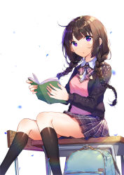 Rule 34 | 1girl, backpack, bag, black socks, blurry, book, bow, bowtie, braid, breasts, brown hair, cardigan, chair, depth of field, desk, feet out of frame, highres, holding, holding book, kneehighs, long hair, long sleeves, looking at viewer, medium breasts, on desk, open book, original, petals, plaid, plaid bow, plaid bowtie, plaid neckwear, plaid skirt, pleated skirt, purple eyes, school chair, school desk, school uniform, shoonear, simple background, sitting, on desk, skirt, socks, solo, twin braids, twintails, white background, wing collar