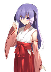 Rule 34 | 1girl, bare shoulders, blush, breasts, closed mouth, commentary request, detached sleeves, hair between eyes, hakama, hakama skirt, hanyuu, highres, higurashi no naku koro ni, horns, japanese clothes, long hair, long sleeves, looking at viewer, mahcdai, miko, purple eyes, purple hair, red hakama, ribbon-trimmed sleeves, ribbon trim, simple background, skirt, small breasts, smile, solo, standing, white background, wide sleeves