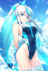Rule 34 | 1girl, ass, bare shoulders, blue eyes, blue sky, bottle, breasts, caustics, cloud, colored inner hair, commentary request, covered navel, cowboy shot, day, eureka iris, glowing, glowing hair, groin, hand up, high ponytail, highleg, highleg swimsuit, holding, jacket, kagachi saku, liver city, long hair, long sleeves, looking at viewer, medium breasts, multicolored hair, nail polish, off shoulder, one-piece swimsuit, outdoors, parted lips, ponytail, sidelocks, silver hair, sky, solo, standing, sunlight, swimsuit, thighs, two-tone hair, very long hair, virtual youtuber, wading, water, water bottle, wet