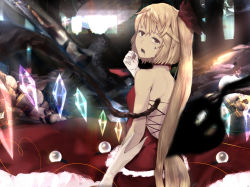 Rule 34 | 1girl, adapted costume, back, blonde hair, blurry, blurry foreground, collar, crystal, flandre scarlet, frilled skirt, frills, from behind, gloves, highres, kurowa (curowa), long hair, looking at viewer, looking back, open mouth, rainbow order, red shirt, red skirt, shirt, skirt, solo, touhou, very long hair, white gloves, wings