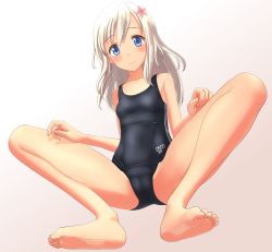 Rule 34 | 1girl, absurdres, barefoot, beige background, black one-piece swimsuit, blonde hair, blue eyes, collarbone, flower, gradient background, hair flower, hair ornament, highres, kantai collection, long hair, looking at viewer, old school swimsuit, one-piece swimsuit, ro-500 (kancolle), school swimsuit, solo, squatting, swimsuit, swimsuit under clothes, takafumi, tan