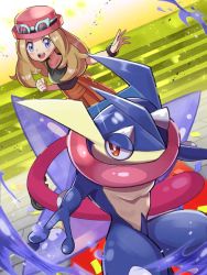 Rule 34 | 1girl, blue skin, breasts, clenched hand, collarbone, colored skin, creatures (company), eyewear on headwear, game freak, gen 6 pokemon, greninja, hat, high-waist skirt, highres, inana umi, nintendo, open mouth, pleated skirt, pokemon, pokemon (creature), pokemon xy, red eyes, red skirt, serena (pokemon), shuriken, skirt, smile, stairs, sunglasses, teeth, tongue, v-shaped eyebrows, water, weapon, webbed hands