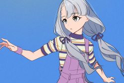 Rule 34 | 1girl, acubi tomaranai, asymmetrical bangs, blue background, grey eyes, grey hair, highres, long hair, looking afar, low twintails, original, outstretched arm, overalls, parted lips, purple overalls, shirt, short sleeves, simple background, solo, striped clothes, striped shirt, twintails, upper body, wristband