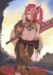 Rule 34 | 1girl, absurdres, armor, bare shoulders, breasts, cape, demon horns, heterochromia, highres, hololive, hololive english, horns, irys (hololive), leather, leather armor, leather pants, long hair, looking at viewer, medium breasts, monster hunter (series), navel, outdoors, pants, pointy ears, ponytail, red hair, shift (shiftillust), smile, solo, standing, steam, stomach, sword, tiara, underboob, weapon
