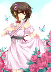 Rule 34 | 1girl, bad id, bad pixiv id, brown eyes, brown hair, bug, butterfly, choker, dress, flower, frills, hair ornament, hairpin, bug, leaf, mitsuko (likiliki), pink dress, reala (tales), red flower, red rose, rose, short hair, smile, solo, tales of (series), tales of destiny 2