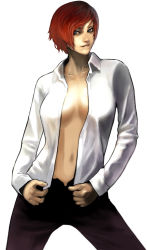 Rule 34 | 1girl, blue eyes, breasts, large breasts, lips, mature female, navel, no bra, nose, open clothes, open shirt, pants, red hair, shirt, short hair, snk, solo, steward b, the king of fighters, vanessa (kof)