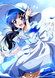 Rule 34 | 1girl, :d, aoki reika, blue eyes, blue hair, blue sky, blush, casual, clothes lift, cloud, dated, day, dress, dress lift, hat, highres, long hair, looking at viewer, nii manabu, open mouth, partially submerged, precure, puffy short sleeves, puffy sleeves, short sleeves, sky, smile, smile precure!, solo, summer, wading, water, white hat
