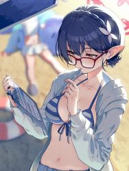 Rule 34 | 2girls, ayane (blue archive), ayane (swimsuit) (blue archive), beard, bikini, blue archive, blue hair, blue jacket, blurry, blurry background, breasts, brown eyes, cleavage, collarbone, denim, facial hair, freckles, glasses, halo, highres, holding, holding pen, hoshino (blue archive), hoshino (swimsuit) (blue archive), jacket, kabu (niniko2ko), medium hair, multiple girls, navel, open clothes, open jacket, pen, pen to mouth, pointy ears, scarf, seiza, sitting, skirt, striped bikini, striped clothes, swimsuit, white bikini, white scarf, white skirt