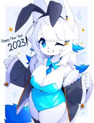 Rule 34 | 1girl, 2023, ;d, absurdres, animal ears, animal nose, aqua collar, aqua leotard, between breasts, black jacket, black thighhighs, blue background, blue eyes, blue necktie, body fur, breasts, bright pupils, cleavage, cowboy shot, detached collar, dev voxy, earclip, english text, extra ears, fur trim, furry, furry female, groin, hair ornament, hairclip, happy new year, highres, jacket, large breasts, leotard, light blush, long sleeves, looking at viewer, necktie, necktie between breasts, new year, one eye closed, open mouth, original, playboy bunny, raised eyebrow, simple background, smile, solo, strapless, strapless leotard, tail, thighhighs, white fur, white pupils