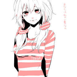 Rule 34 | 1girl, female focus, monochrome, red eyes, shirt, solo, striped clothes, striped shirt, tcb, tenga, tengirl, twintails, upper body, white background