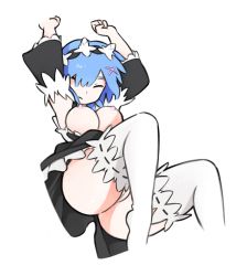 Rule 34 | 10s, 1girl, ass, blue hair, breasts, breasts out, cleft of venus, closed mouth, colored skin, detached sleeves, female focus, frills, full body, hair ornament, hair over one eye, hair ribbon, knees up, pussy, large breasts, lying, maid, maid headdress, nipples, nude, on back, pussy, re:zero kara hajimeru isekai seikatsu, rem (re:zero), ribbon, short hair, simx, skirt, socks, solo, thick thighs, thighs, uncensored, upskirt, white background, white skin, wide hips