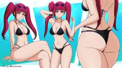 Rule 34 | 1girl, absurdres, arm support, artist request, ass, ass focus, bare legs, bare shoulders, bikini, black bikini, bleach, blush, breasts, cleavage, crossed legs, curvy, dokugamine riruka, hand in own hair, hat, highres, huge ass, long hair, looking at viewer, medium breasts, mistowing, multiple views, naughty face, pink eyes, pink hair, shiny skin, side-tie bikini bottom, simple background, sitting, smile, swimsuit, thong, thong bikini, twintails, twitter username, upper body