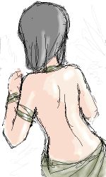 Rule 34 | 1girl, aliasing, armband, ass, awatake takahiro, back, bare back, black hair, bracelet, jewelry, lowres, simple background, sketch, solo, white background