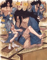 Rule 34 | 1boy, 1girl, abs, bad id, bad tumblr id, barefoot, black hair, blue hair, blush, bottle, breasts, cleavage, couple, drunk, eye contact, fairy tail, feet, gajeel redfox, hetero, highres, imminent penetration, japanese clothes, kimono, levy mcgarden, looking at another, muscular, piercing, rusky, sake bottle, sequential, smile, undressing