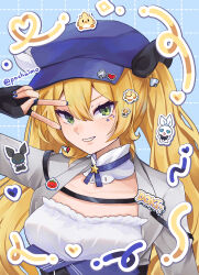 Rule 34 | 1girl, absurdres, beret, blonde hair, blue hat, blue nails, bow, character name, collar, detached collar, dokibird (vtuber), green eyes, grey jacket, hair bow, hat, highres, indie virtual youtuber, jacket, looking at viewer, multiple hair bows, nail polish, pochaimo, shirt, smile, solo, twintails, v over eye, virtual youtuber, white collar, white shirt