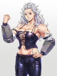Rule 34 | 1girl, arkuny, armor, artist name, belt, breasts, corset, dorohedoro, earrings, flexing, grey hair, grin, hand on own hip, highres, jewelry, large breasts, leather, leather pants, long hair, muscular, muscular female, noi (dorohedoro), pants, red eyes, smile, solo