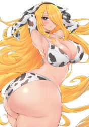 Rule 34 | 1girl, animal ears, animal print, armpits, arms behind head, ass, bikini, blonde hair, breasts, cleavage, cow ears, cow print, creatures (company), cynthia (pokemon), game freak, highres, huge ass, large breasts, namonakisyura, nintendo, one eye covered, pokemon, pokemon dppt, solo, swimsuit, thick thighs, thighs
