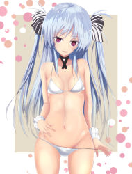 Rule 34 | 1girl, absurdres, bad id, bad pixiv id, bikini, blue hair, cafe au lait (kafeore), choker, clothes pull, highres, long hair, one-piece swimsuit pull, original, red eyes, silver hair, solo, swimsuit, twintails, white bikini