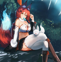 Rule 34 | 1girl, animal, animal ears, animal on lap, bare shoulders, bell, black skirt, boots, braid, breasts, cleavage, commentary, crop top, cross-laced footwear, crossed legs, detached sleeves, ehrrr, food, fox, fox ears, fox tail, fur collar, hair ornament, hairclip, high heel boots, high heels, highres, jingle bell, knee boots, lace-up boots, large breasts, long hair, looking at viewer, midriff, mouth hold, navel, on lap, original, outdoors, ponytail, popsicle, red hair, ribbon-trimmed legwear, ribbon trim, short braid, side braid, single braid, sitting, skirt, solo, tail, thighhighs, white thighhighs, yellow eyes