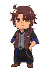 Rule 34 | 1boy, belmond banderas, black pants, black shirt, brown eyes, brown footwear, brown hair, brown vest, chibi, choco (chocovix112), closed mouth, collared shirt, dress shirt, full body, grey vest, hair over shoulder, hands on own hips, long hair, long sleeves, looking at viewer, low ponytail, male focus, nijisanji, pants, parted bangs, ponytail, shirt, shoes, simple background, smile, solo, standing, striped clothes, striped pants, thick eyebrows, v-shaped eyebrows, vertical-striped clothes, vertical-striped pants, vest, virtual youtuber, white background