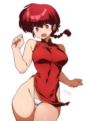 Rule 34 | 1girl, batta 16-sei, braid, braided ponytail, breasts, china dress, chinese clothes, commentary request, cowboy shot, curvy, dress, genderswap, genderswap (mtf), heart, highleg, highleg panties, highres, hypnosis, mind control, open mouth, panties, pelvic curtain, ranma-chan, ranma 1/2, red dress, red eyes, red hair, saotome ranma, shiny skin, signature, single braid, sleeveless, sleeveless dress, solo, thigh gap, thong, underwear, white background, white panties, wide hips
