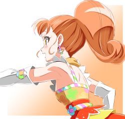Rule 34 | 1girl, aikatsu!, aikatsu! (series), bad id, bad pixiv id, bare shoulders, blush, clover, commentary request, dress, earrings, four-leaf clover earrings, from side, gradient background, highres, idol, jewelry, kurisu kokone, long hair, ngv3553, open mouth, orange hair, ponytail, scarf, smile, solo, spaghetti strap, upper body, yellow eyes