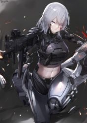 Rule 34 | 1girl, abs, ak-15, ak-15 (girls&#039; frontline), ak-15 (mod3) (girls&#039; frontline), angry, armor, artist name, assault rifle, breasts, buckle, commentary, cowboy shot, firing, girls&#039; frontline, glowing, glowing eye, grey background, gun, hair between eyes, handgun, highres, holding, holding gun, holding weapon, holstered, kalashnikov rifle, large breasts, long hair, midriff, mod3 (girls&#039; frontline), navel, nekoya (liu), parted lips, pistol, pouch, purple eyes, rifle, sidelocks, silver hair, snap-fit buckle, solo focus, standing, standing on one leg, tactical clothes, weapon