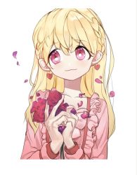Rule 34 | 1girl, :3, blonde hair, braid, bright pupils, closed mouth, dress, earrings, flower, french braid, hands up, heart, heart earrings, jewelry, long sleeves, original, pigeon666, pink dress, pink eyes, red flower, red rose, rose, simple background, smile, solo, upper body, white background, white pupils